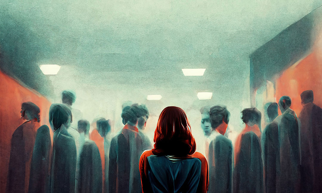 Illustration of a female facing a crowd in front of her using various green and orange hues